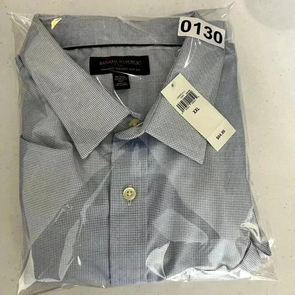 Banana Republic Men's XXL Basic Blue SlimFit Untucked NonIron Grid Pattern Shirt